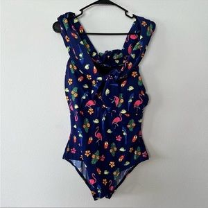 Eloquii Women’s Navy Flamingo Tree Off Shoulder One Piece 14W